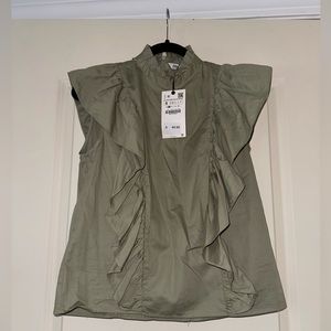 Zara green ruffle blouse